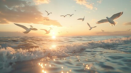 Serene seascape hosts a symphony of seagulls in harmonious mid-flight - obrazy, fototapety, plakaty