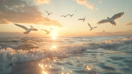Fotobehang Serene seascape hosts a symphony of seagulls in harmonious mid-flight © vectorizer88