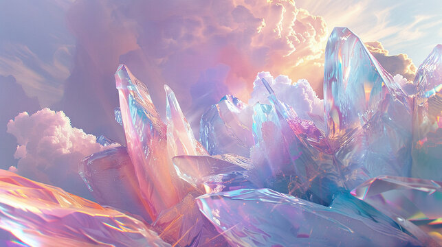 Pastel holographic universe with ethereal 3D forms, illuminated by soft light, blending reality with abstract art.