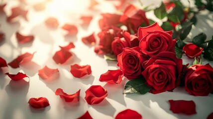 Bouquet of crimson roses with petals strewn on white surface - obrazy, fototapety, plakaty