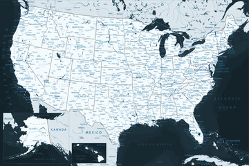 United States - Highly Detailed Vector Map of the USA. Ideally for the Print Posters. Black Blue Grey Colors - obrazy, fototapety, plakaty