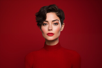 Studio portrait of beautiful brunette woman with short hairstyle on colour background