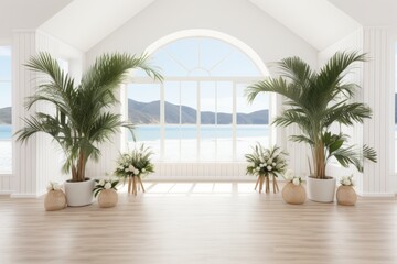 Seaside beauty. Window overlooking ocean, beach, and mountains. Perfect copy space