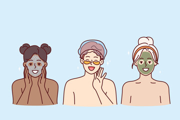 Cosmetology and SPA procedures for two women and man making rejuvenating masks from clay and cream. Happy people use lotions or patches to remove dark circles under eyes visiting SPA center