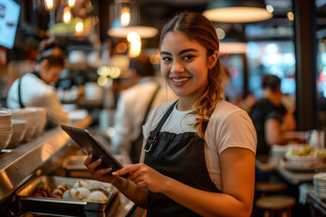 Close-Up of Smiling Waitress in Restaurant. Waitress with tablet smiling in busy restaurant