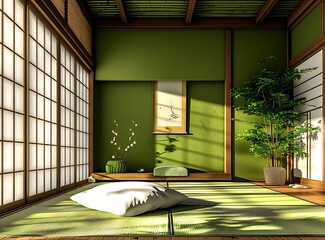 Japanese style room with tatami mats and a white pillow on the floor, green walls, and wooden furniture