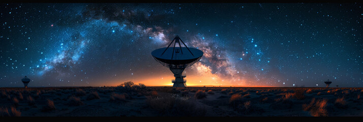 A radio telescope on starry night sky with stars and galaxies background. futuristic technology, banner