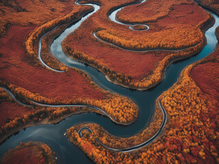 Aerial photography of a winding river through autumn forests, with vibrant red and orange foliage -- generated by ai