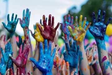 A diverse group of individuals displaying their hands covered in various vibrant colors during a community event or urban activation - obrazy, fototapety, plakaty