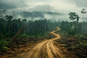 A dirt road stretches through a jungle area that has been affected by deforestation and clearcutting activities. The road shows signs of human impact on the environment - obrazy, fototapety, plakaty