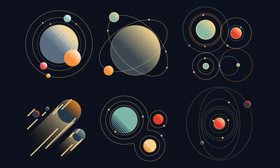 Retro futuristic cosmic illustration. Planet system flat elements. Good for retro posters, flyers, interfaces. Vector Illustration. EPS10 © Oniks Astarit