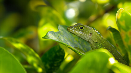 Zbliżenie na zieloną jaszczurkę wspinającą się na zielony liść - obrazy, fototapety, plakaty