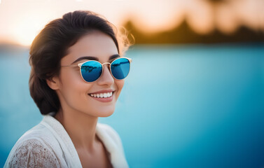 Beautiful smiling young woman at the beach with sunglasses. Close up image with copy space. - 773279311