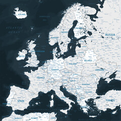 Europe - Highly Detailed Vector Map of the Europe. Ideally for the Print Posters. Black Blue Grey Colors