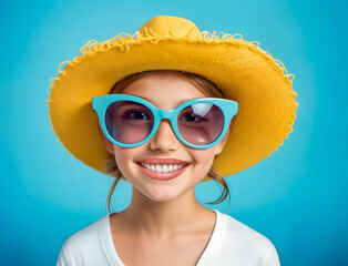 Happy smiling funny young girl with big blue sunglasses and yellow straw hat on blue background. Close up image. - 773279371