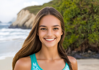 Beautiful smiling young woman at the beach with cliffs in the background. Close up image. - 773279505