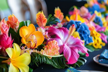 A table covered in a variety of colorful flowers, perfect for a themed party decoration like a tropical luau or retro event