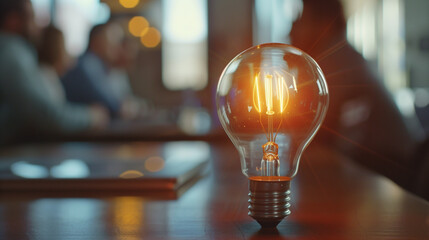 Close-up of a lit light bulb with a team meeting in the soft-focus background, symbolizing a brainstorming session or innovation.