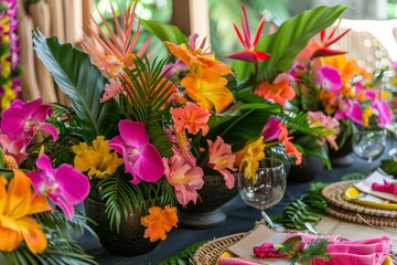 Various vibrant flowers covering a table, likely for a themed party like a tropical luau or retro event - obrazy, fototapety, plakaty