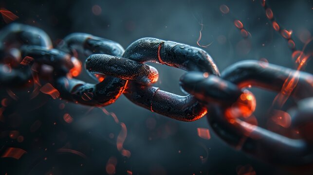 3D broken chain links, abstract tech backdrop, symbol of freedom and release