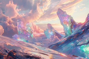 Soft pastel light illuminating holographic 3D structures, crafting an abstract landscape filled with color and wonder. - obrazy, fototapety, plakaty
