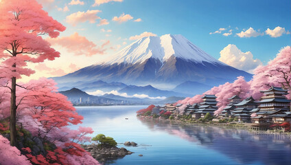 mountain and cherry blossoms - obrazy, fototapety, plakaty