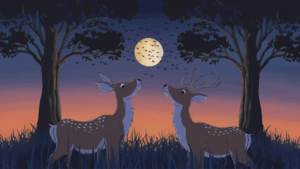 Enchanted Twilight: Two Deer in Reverence of Nature's Splendor - obrazy, fototapety, plakaty