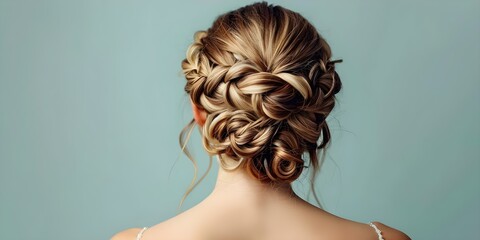Elegant Bridal Hairstyle: Blonde Woman with Ombre Balayage Hair Showcasing Intricate Braided Updo. Concept Bridal Hair Inspiration, Blonde Balayage, Intricate Updo, Elegant Hairstyle