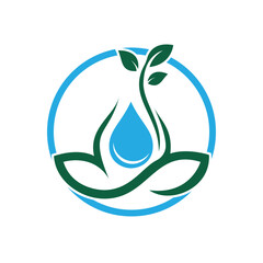 Water drop and leaves icon logo design template.