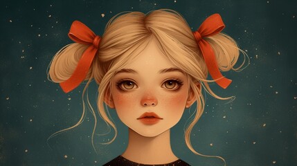   A painting of a girl in a black dress Her blonde locks are adorned with a red bow Stars speckle the background behind her
