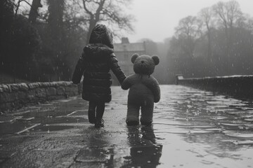 Loneliness, poverty, depression and panic attack. Black and white photograph of a girl whose only friend is a teddy bear toy