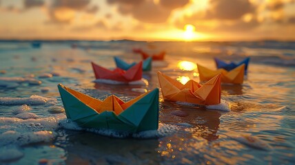 Colorful origami boats on a beach hinting at childhood adventures - obrazy, fototapety, plakaty