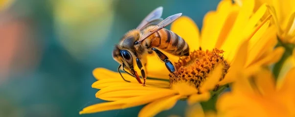 Gordijnen bee in the summer background. Bee collect pollen at spring flower © Daniela