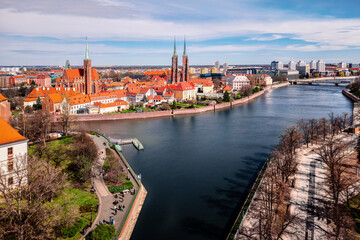 Aerial drone view on river and historic city centre - Ostrów Tumski, Wrocław - obrazy, fototapety, plakaty