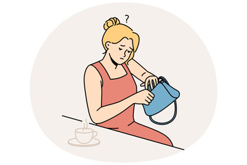 Frustrated woman sit in cafe feel anxious look for lost item in handbag. Worried female search for keys in wallet or purse in coffee shop. Vector illustration.