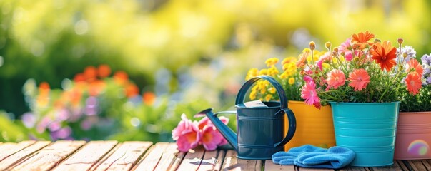Flowers in pots with watering can and gloves for garden works in summer background