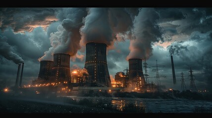 Industrial power plant emitting steam against stormy sky
