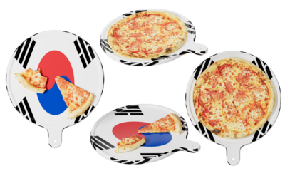 South Korean Flag Inspired Plates with Tasty Cheese Pizza