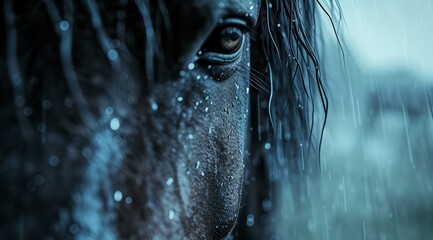   A tight shot of a horse's expressive face, dotted with raindrops as they cascade down its forehead and into its sorrowful eyes