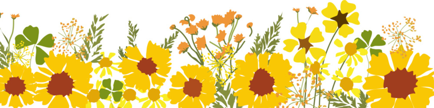 Sfondo con grandi fiori gialli e foglie, illustrazione isolata