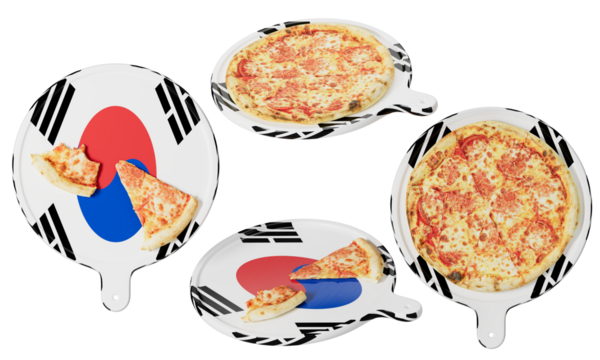 South Korean Flag Inspired Plates with Tasty Cheese Pizza