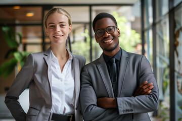 Young businesswoman and businessman smiling in modern office suggesting teamwork.