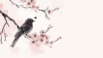 Watercolor sakura branch and bird on light background - obrazy, fototapety, plakaty