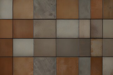 Old brown gray rusty vintage worn shabby patchwork motif tiles stone concrete cement wall texture background banner Generative AI