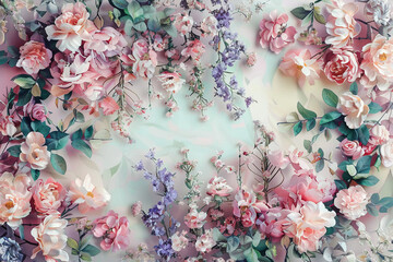 The delicate dance of florals and botanicals, artistically captured in designs brimming with soft tones and pastel elegance. - obrazy, fototapety, plakaty