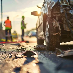 Foto op Canvas Road accident, car damaged in accident and wreckage around close up, road safety officers in reflective vests © Eugen Snipe