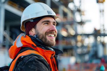 A man wearing a hard hat and orange vest is smiling. He is wearing a safety helmet and a beanie. Smiling portrait of a happy male british developer or architect working on a construction site