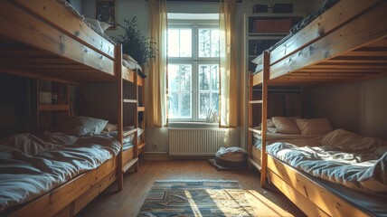 Sunny hostel room with polished wooden bunk beds and a cozy single bed by a window