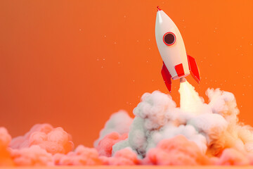 Toy rocket launching with smoke on orange background, symbolizing startup or achievement.