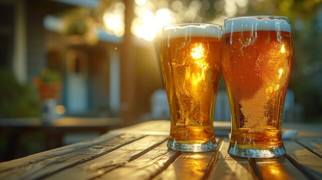 Two pints of golden ale celebrating outdoor relaxation